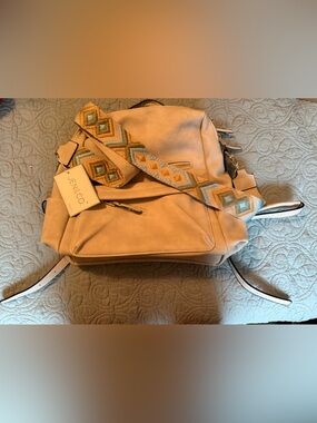 Neutral Beige Leather Shoulder Bag with Patterned Strap